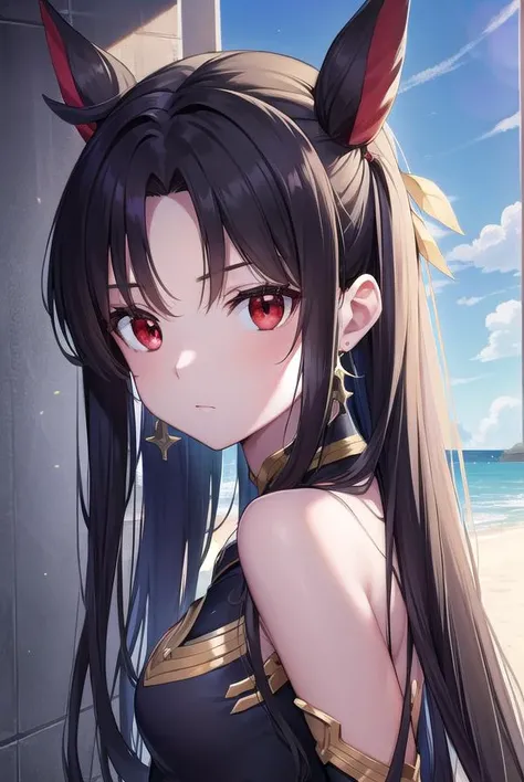 ishtar, <lyco:ishtar-lyco-nochekaiser:1>,
ishtar, ahoge, black bow, bow, black hair, earrings, hair bow, hair ornament, jewelry, long hair, (red eyes:1.5), (parted bangs:1.5), (small breast:1.2),
BREAK bare shoulders, elbow gloves, fingerless gloves, gloves, long sleeves, revealing clothes, single elbow glove, thighs,
BREAK outdoors, space, star \(sky\), sky,
BREAK looking at viewer, cowboy shot,
BREAK <lyco:GoodHands-beta2:1>, (masterpiece:1.2), best quality, high resolution, unity 8k wallpaper, (illustration:0.8), (beautiful detailed eyes:1.6), extremely detailed face, perfect lighting, extremely detailed CG, (perfect hands, perfect anatomy),