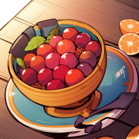bowl of fruits, <lora:Eiken3kyuboyArtist-20:1>, mech parts