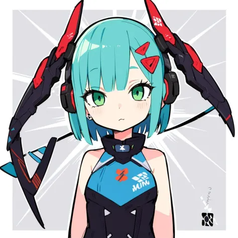 <lora:Eiken3kyuboyArtist-20:1>, mech parts, hair ornament, 1girl, closeup, ear piercing, light blue hair, green eyes, very short hair,