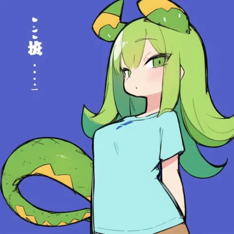 <lora:Eiken3kyuboyArtist-20:1>,
1girl, solo,looking at viewer,simple background, long hair, green hair, large white t-shirt, lazy
<lora:KarasuChan-20:0.6>,monster girl,