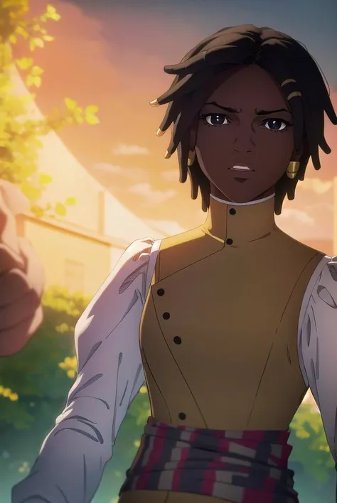 castlevaniaannette, <lyco:castlevaniaannette-lyco-nochekaiser:1>,
castlevaniaannette, short hair, black hair, dark skin, (black eyes:1.5), dark-skinned female, very dark skin, dreadlocks,
BREAK shirt, long sleeves, white shirt, belt, pants, vest, black pants, yellow vest,
BREAK looking at viewer, upper body, full body,
BREAK outdoors, night, sky,
BREAK <lyco:GoodHands-beta2:1>, (masterpiece:1.2), best quality, high resolution, unity 8k wallpaper, (illustration:0.8), (beautiful detailed eyes:1.6), extremely detailed face, perfect lighting, extremely detailed CG, (perfect hands, perfect anatomy),