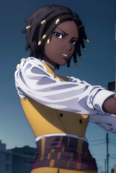 castlevaniaannette, <lyco:castlevaniaannette-lyco-nochekaiser:1>,
castlevaniaannette, short hair, black hair, dark skin, (black eyes:1.5), dark-skinned female, very dark skin, dreadlocks,
BREAK shirt, long sleeves, white shirt, belt, pants, vest, black pants, yellow vest,
BREAK looking at viewer, upper body, full body,
BREAK outdoors, night, sky,
BREAK <lyco:GoodHands-beta2:1>, (masterpiece:1.2), best quality, high resolution, unity 8k wallpaper, (illustration:0.8), (beautiful detailed eyes:1.6), extremely detailed face, perfect lighting, extremely detailed CG, (perfect hands, perfect anatomy),