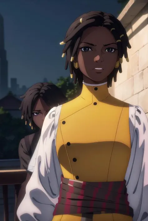 castlevaniaannette, <lyco:castlevaniaannette-lyco-nochekaiser:1>,
castlevaniaannette, short hair, black hair, dark skin, (black eyes:1.5), dark-skinned female, very dark skin, dreadlocks,
BREAK shirt, long sleeves, white shirt, belt, pants, vest, black pants, yellow vest,
BREAK looking at viewer, upper body, full body,
BREAK outdoors, night, sky,
BREAK <lyco:GoodHands-beta2:1>, (masterpiece:1.2), best quality, high resolution, unity 8k wallpaper, (illustration:0.8), (beautiful detailed eyes:1.6), extremely detailed face, perfect lighting, extremely detailed CG, (perfect hands, perfect anatomy),
