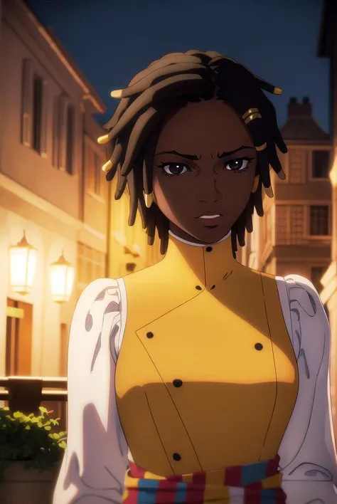 castlevaniaannette, <lyco:castlevaniaannette-lyco-nochekaiser:1>,
castlevaniaannette, short hair, black hair, dark skin, (black eyes:1.5), dark-skinned female, very dark skin, dreadlocks,
BREAK shirt, long sleeves, white shirt, belt, pants, vest, black pants, yellow vest,
BREAK looking at viewer, upper body, full body,
BREAK outdoors, night, sky,
BREAK <lyco:GoodHands-beta2:1>, (masterpiece:1.2), best quality, high resolution, unity 8k wallpaper, (illustration:0.8), (beautiful detailed eyes:1.6), extremely detailed face, perfect lighting, extremely detailed CG, (perfect hands, perfect anatomy),