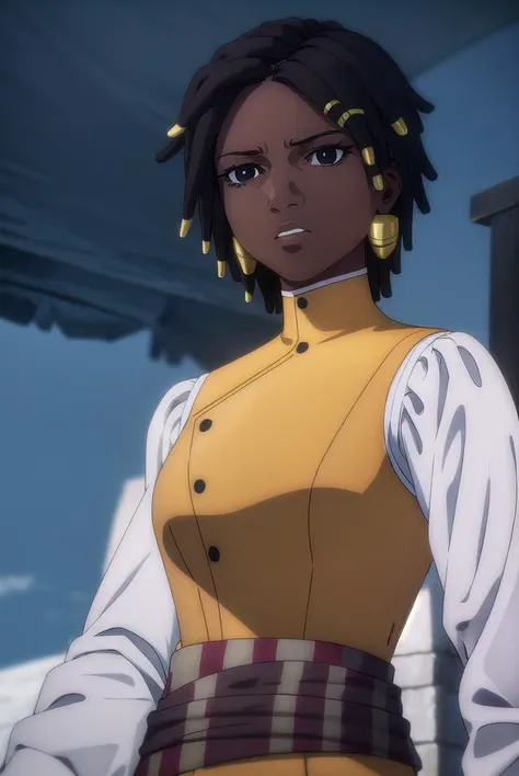 castlevaniaannette, <lyco:castlevaniaannette-lyco-nochekaiser:1>,
castlevaniaannette, short hair, black hair, dark skin, (black eyes:1.5), dark-skinned female, very dark skin, dreadlocks,
BREAK shirt, long sleeves, white shirt, belt, pants, vest, black pants, yellow vest,
BREAK looking at viewer, upper body, full body,
BREAK outdoors, night, sky,
BREAK <lyco:GoodHands-beta2:1>, (masterpiece:1.2), best quality, high resolution, unity 8k wallpaper, (illustration:0.8), (beautiful detailed eyes:1.6), extremely detailed face, perfect lighting, extremely detailed CG, (perfect hands, perfect anatomy),