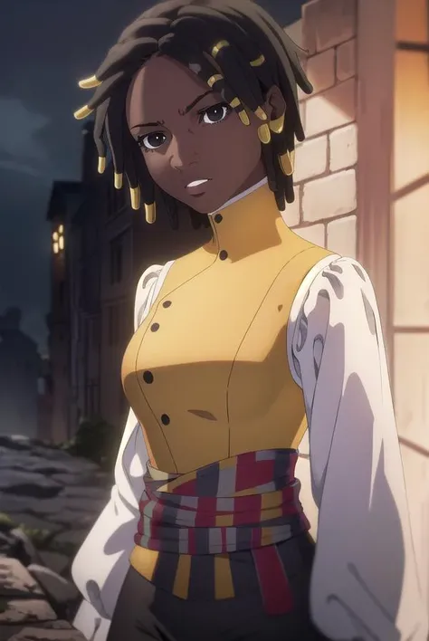 castlevaniaannette, <lyco:castlevaniaannette-lyco-nochekaiser:1>,
castlevaniaannette, short hair, black hair, dark skin, (black eyes:1.5), dark-skinned female, very dark skin, dreadlocks,
BREAK shirt, long sleeves, white shirt, belt, pants, vest, black pants, yellow vest,
BREAK looking at viewer, upper body, full body,
BREAK outdoors, night, sky,
BREAK <lyco:GoodHands-beta2:1>, (masterpiece:1.2), best quality, high resolution, unity 8k wallpaper, (illustration:0.8), (beautiful detailed eyes:1.6), extremely detailed face, perfect lighting, extremely detailed CG, (perfect hands, perfect anatomy),