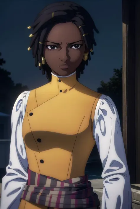 castlevaniaannette, <lyco:castlevaniaannette-lyco-nochekaiser:1>,
castlevaniaannette, short hair, black hair, dark skin, (black eyes:1.5), dark-skinned female, very dark skin, dreadlocks,
BREAK shirt, long sleeves, white shirt, belt, pants, vest, black pants, yellow vest,
BREAK looking at viewer, upper body, full body,
BREAK outdoors, night, sky,
BREAK <lyco:GoodHands-beta2:1>, (masterpiece:1.2), best quality, high resolution, unity 8k wallpaper, (illustration:0.8), (beautiful detailed eyes:1.6), extremely detailed face, perfect lighting, extremely detailed CG, (perfect hands, perfect anatomy),