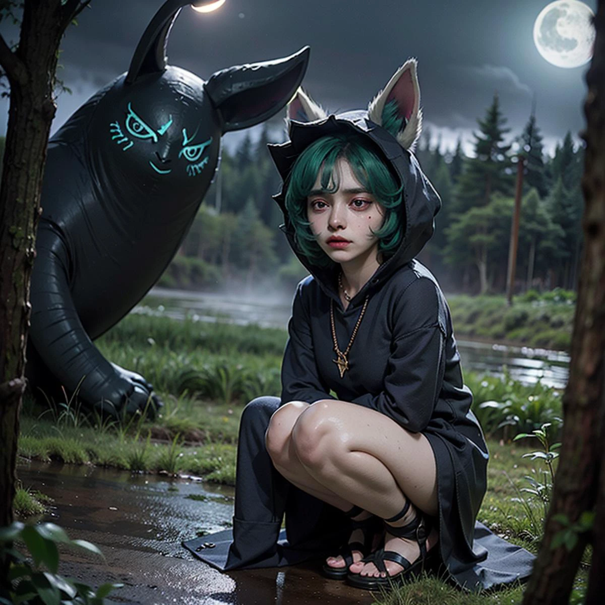 masterpiece, best quality, illustration, cartoon, ((1girl)), vex \(league of legends\), ((())),((darkness)), ((at night)), (((small breasts))), freezing fog, shadow, horrible forest, (((tired))), (((frustrated))), ((sleepy eyes)), ((black cotton hoodie)), long sleeves, sandals, (((pale skin))), ((full body)), ((freckles)), ((dark circles)), (((half-closed eyes))), (exhausted), (upset), squatting, necklace, green hair
