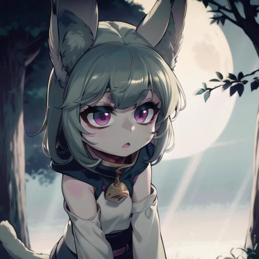 <lora:vex3-000007:1>, vex1, (grey skin:1.3), upper body, mature, standing, outdoors, sky, simple background, day, closed mouth, glare, looking at viewer, forest, night, deep night, trees, moon rays, moon, detailed background, best quality, masterpiece, comic, novel illustration, backlighting, extremely detailed CG, 8k wallpaper, fluffy ears, cat ears, cat tail, cute, <lora:kinako_v1:1>, kinako,