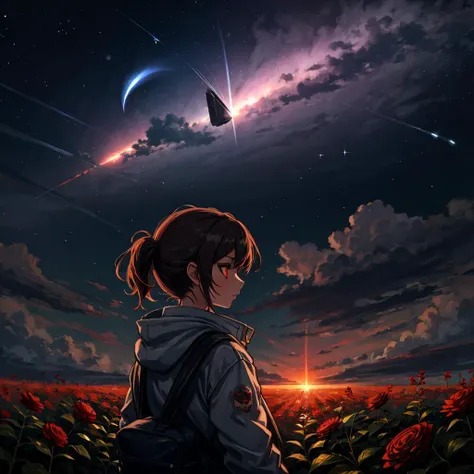 1girl, glowing eyes, red eyes, silhouette, ambient lighting, flowers, leaf, clouds, nebula, meteor shower, impressionism