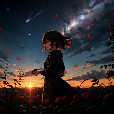 1girl, glowing eyes, red eyes, (silhouette:1.3), ambient lighting, flowers, leaf, clouds, nebula, meteor shower, impressionism