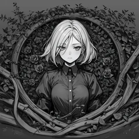 1girl, abstract, monochrome, lineart, vines, leaves, roses, empty eyes, dull eyes, dead eyes, blackwork, macabre