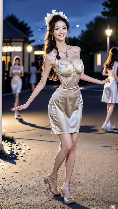 (goddess-like happiness,flirtatious ,seductive:1.4),(RAW photo:1.2),(photorealistic:1.6),(masterpiece:1.3),(intricate details:1.2),(detailed face:1.2),dramatic,ray tracing,fashion photograph,fFaceDetail,Full body,<lora:goodhands_Beta_Gtonero:0.5>,good hands,Sharp focus,cinematic lighting,floating clothes,floating flower,
<lora:æ¯çcanhdiem2:0.8:lbw=FACE>,,<lora:Petal-cheongsam:1:lbw=CLOTHES>,china dress,chinese clothes,dress,<lora:PerfectBreastsV4-offset:0.3>,(1girl,solo,outdoors,night time,streets,dancing:1.6),confident smile,beautful face,(large breasts, narrow waist:1.2),sexy body,perfect body,shiny hairs,hair ornament,earrings,necklace,jewelry,confident,showcasing,buzzing atmosphere,