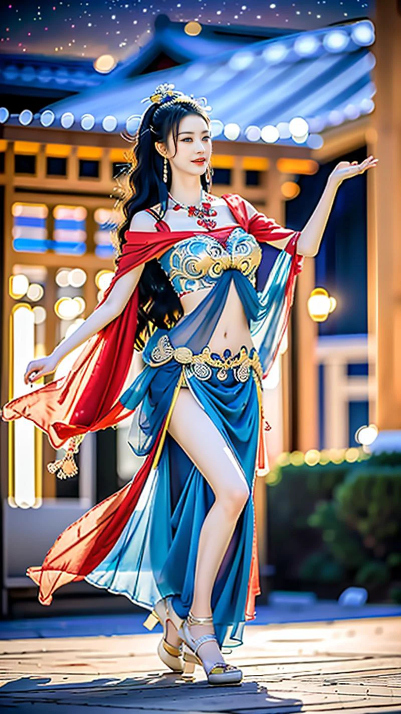 (goddess-like happiness,flirtatious ,seductive:1.4),(RAW photo:1.2),(photorealistic:1.6),(masterpiece:1.3),(intricate details:1.2),(detailed face:1.2),dramatic,ray tracing,fashion photograph,fFaceDetail,Full body,<lora:goodhands_Beta_Gtonero:0.5>,good hands,Sharp focus,cinematic lighting,
<lora:æ¯çcanhdiem2:0.8:lbw=FACE>,,<lora:dunhuangV3:0.7>,(dunhuang,Chinese Dunhuang Flying Fairy,floating clothes,floating flower,pov legs,thighs,dunhuang cloths,hanfu,waist cape,strapless,navel,robe:1.2),<lora:PerfectBreastsV4-offset:0.3>,(1girl,solo,outdoors,night time,dancing:1.6),confident smile,beautful face,(large breasts, narrow waist:1.2),sexy body,perfect body,shiny hairs,hair ornament,earrings,necklace,jewelry,confident,showcasing,buzzing atmosphere,