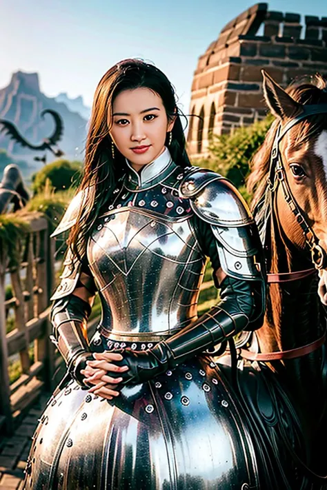 masterpiece, best quality, high quality, extremely detailed CG unity 8k wallpaper,realistic skin texture ,
1girl,floating hair, (armour:1.5),leather gloves,horseback riding, smile,looking afar,
(The Great Wall,mountain setting:1.2),dragon circling in the sky,sunset,
Depth of Field, HDR, Photorealistic,extremely detailed, volume light,glowing light, Intricate, High Detail, cinematic lighting,(CG:1.2),extremely detailed , Unreal Engine. <lora:sallyJingTian_sally:1>