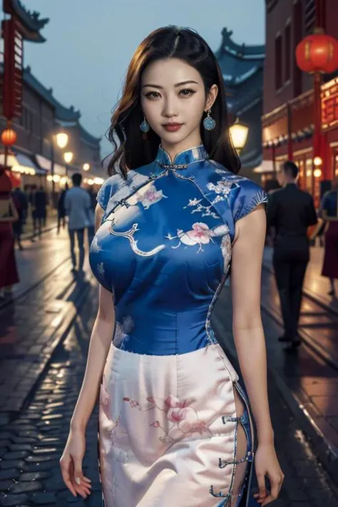 (flirtatious ,seductive:1.4),(RAW photo:1.2),(photorealistic:1.6),(lens 135mm,f1.8:1.2),(ultimate quality, masterpiece:1.3),(intricate details:1.2,(detailed face:1.2),dramatic,photograph,(upper body:1.6),Sharp focus,
(1girl,solo,night time,outdoors,street,looking at viewer,chinese dress:1.6) confident smile,beautful face,(large breasts, narrow waist),sexy body,perfect body,pov legs,shiny hairs,hair ornament,earrings,necklace,jewelry,
<lora:æ¯çcanhdiem2:0.8:lbw=FACE>