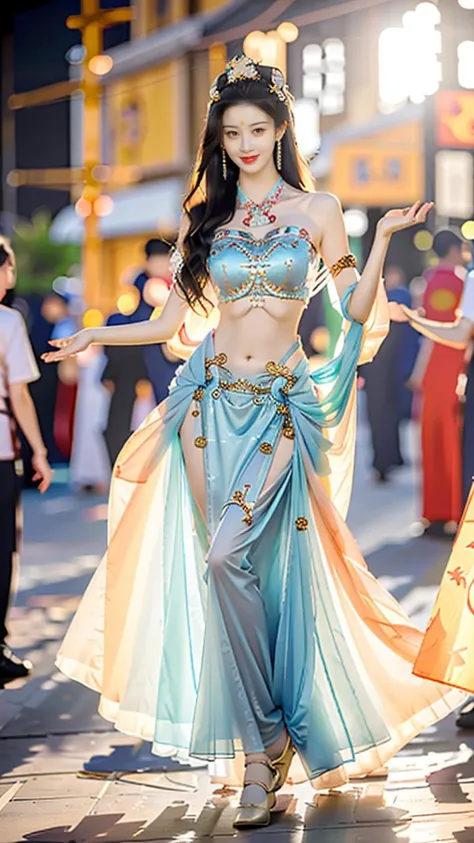 (goddess-like happiness,flirtatious ,seductive:1.4),(RAW photo:1.2),(photorealistic:1.6),(lens 135mm,f1.8:1.2),(ultimate quality, masterpiece:1.3),(intricate details:1.2),(detailed face:1.2),dramatic,ray tracing,fashion photograph,fFaceDetail,Full body,<lora:PerfectBreastsV4-offset:0.3:lbw=BODY>,<lora:goodhands_Beta_Gtonero:0.5:lbw=HAND>,good hands,(nsfw),<lora:inniesbettervaginas_v11:0.3:lbw=BODY>,<lora:PinkNipples:0.3:lbw=BODY>,pnl,Sharp focus,cinematic lighting,
<lora:æ¯çcanhdiem2:0.8:lbw=FACE>,,
<lora:dunhuangV3:0.8>,(dunhuang,dunhuang_face,Chinese Dunhuang Flying Fairy,floating clothes,floating flower,pov legs,thighs,dunhuang cloths,hanfu,waist cape,strapless,navel,robe:1.2),
(1girl,solo,outdoors,dancing crowd street:1.6),confident smile,beautful face,(large breasts, narrow waist:1.2),sexy body,perfect body,shiny hairs,hair ornament,earrings,necklace,jewelry,confident,showcasing,buzzing atmosphere,