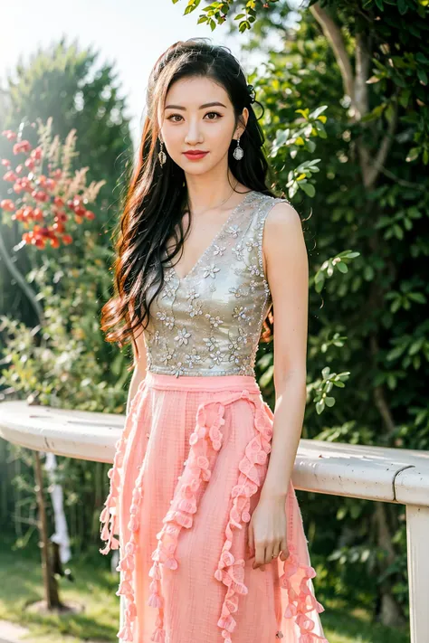 masterpiece, best quality, 1girl, aqua eyes, black hair, closed mouth, earrings, multicolored background, hoop earrings, jewelry, looking at viewer, sexy dress, long hair, outdoors, solo, full body, alluring, clean, beautiful face, pure face, pale skin, little smile, <lora:sallyJingTian_sally:0.9>