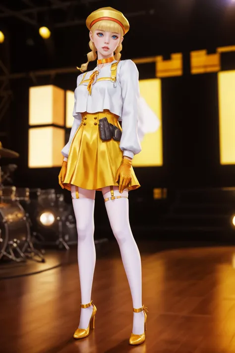8k,highres,absurdres,masterpiece,best quality,original,extremely detailed CG,extremely detailed wallpaper,perfect lighting,<lyco:GoodHands-beta2:1>,
1girl,solo,blurry_background,looking_at_viewer,standing on the stage,
<lora:CFwangzheqingyaQF:0.6>,CFwangzheqingyaQF,gloves,blonde hair,hat,twin braids,holster,white pantyhose,blue eyes,thigh holster,choker,bangs,high heels,long sleeves,high-waist skirt,lips,blunt bangs,shirt,