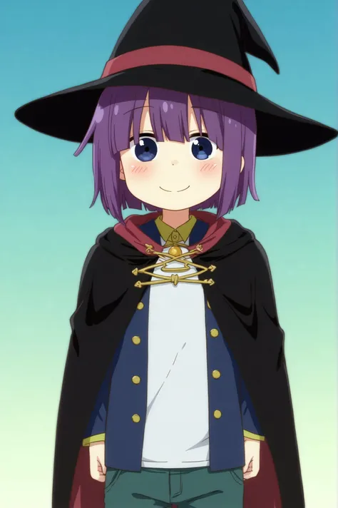 <lora:Shouta_Magatsuchi:0.7> Shouta Magatsuchi, solo, looking_at_viewer, blush, smile, simple_background, shirt, hat, holding, male_focus, pants, cape, witch_hat <lora:sdxl_lightning_4step_lora:1>