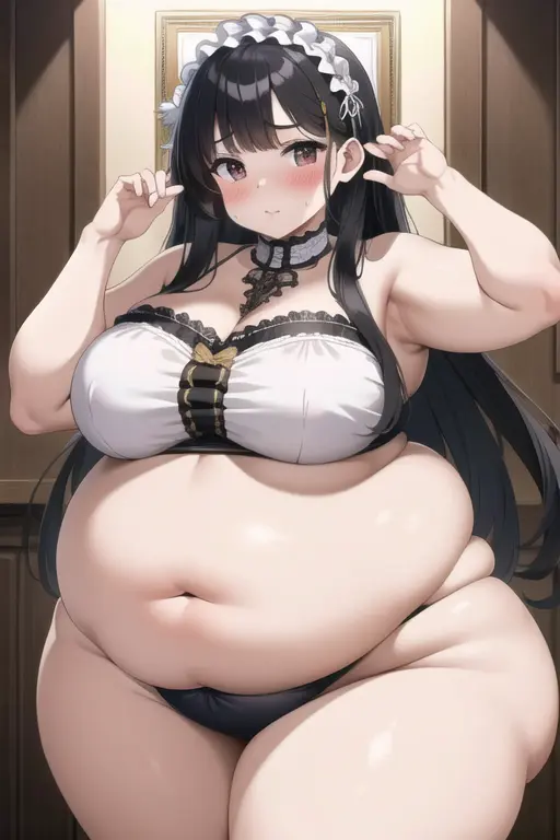 (masterpiece, best quality, hyper quality, perfect anatomy, finely detailed, intricate details, Impeccable attention to detail, masterful execution, beauty, Exceptional quality, flawless craftsmanship, expressive artistry:1.3), (bbw, chubby, plump, wide waist:1.48), (1girl, nsfw, black hair, long hair, bang, embarrassed, blush:1.3), (no wrinkles, no split belly, no wrinkles on belly, no vertical line on belly, no line on belly:1.4)