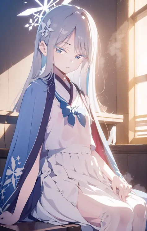 1girl, solo, petite, sitting, (sitting_on_desk), (arm_support), emotionless, nagusa_(blue_archive), closed_mouth, white_hair, very_long_hair, long_hair, absurdly_long_hair, ((jersey)), (white_eyelashes:1.3), (colored_eyelashes:1.3), grey_eyes, pale_skin, white_eyebrows,snowflake_hair_ornament, hair_ornament, ((halo)), snowflake_halo, (haori), (blue_haori), white_shirt, white_sailor_collar, (white_skirt), pleated_skirt, ((long_skirt)), cropped_shirt, black_bowtie, blue_cape, cape, print_cape, capelet, japanese_clothes, kimono, flower_print, white_pantyhose, clogs, indoors, sunshine, (tyndall_effect), steaming_body, window_shade, (japanese_architecture), ((masterpiece)), (highres), (best_quality), (highly_detailed), (original),(Delicate background),(extremely detailed 8K wallpaper),cinematic lighting, volume lighting, light particles, shaded_face, beautiful_detailed_eyes, depth_of_field, perspective,<lora:Nagusa:0.8:lbw=char>,<lora:ç¥ç§lora K:0.8>,