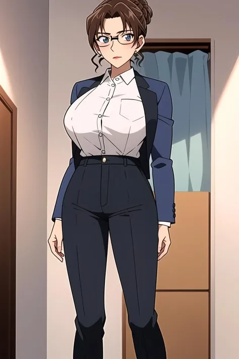 ((masterpiece)),((best quality)),ultra-detailed,illustratio,1girl, glasses, solo, brown hair, black eyes, earrings, jewelry, hair bun, single hair bun, jacket, paper, looking at viewer, shirt, formal, holding, short hair, blue jacket, black-framed eyewear, suit, bangs, closed mouth, upper body, lipstick, white shirt, indoors, lips, makeup, collared shirt, parted bangs, grey eyes,official style,wallpaper,,ultra highres,4K,photography,(Beautiful, large breasts:1.2),(beautiful face:1.2),(narrow waist),(full body),shiny skin,official style, anime anime coloring, screencap,<lora:Kisaki Eri_:0.7>