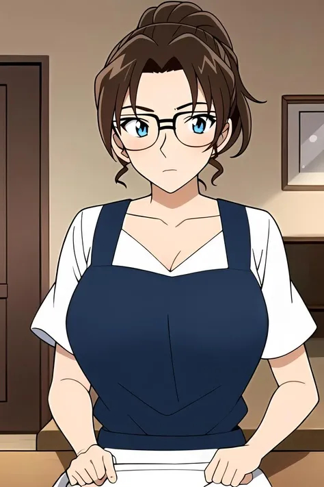 ((masterpiece)),((best quality)),ultra-detailed,illustratio,1girl,glasses,brown hair,solo,letterboxed,ponytail,door,grey eyes,short hair,collarbone,apron,shirt,indoors,blue eyes,expressionless,official style,wallpaper,,ultra highres,4K,photography,(Beautiful, large breasts:1.2),(beautiful face:1.2),(narrow waist),(full body),shiny skin,official style,anime screencap,anime coloring,<lora:Kisaki Eri_:0.7>,indoor,Living room,kitchen,Dining table,food,