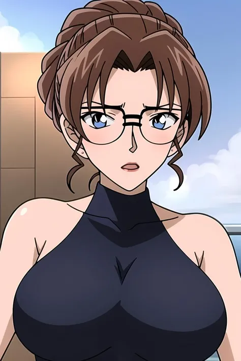 ((masterpiece)),((best quality)),ultra-detailed,illustratio,solo, 1girl, glasses, brown hair, towel, long hair, sky, cloud, towel on head, blue background, looking to the side, day, upper body, hand up, blue sky, black-framed eyewear, parted lips, sleeveless, bare shoulders, artist name, shirt, watermark, blue eyes, sleeveless shirt, anime coloring, open mouth, bangs, outdoors, portrait,official style,wallpaper,ultra highres,4K,photography,(Beautiful, large breasts:1.2),(beautiful face:1.2),(narrow waist),shiny skin,official style,anime screencap,anime coloring,<lora:Kisaki Eri_:0.7>,
