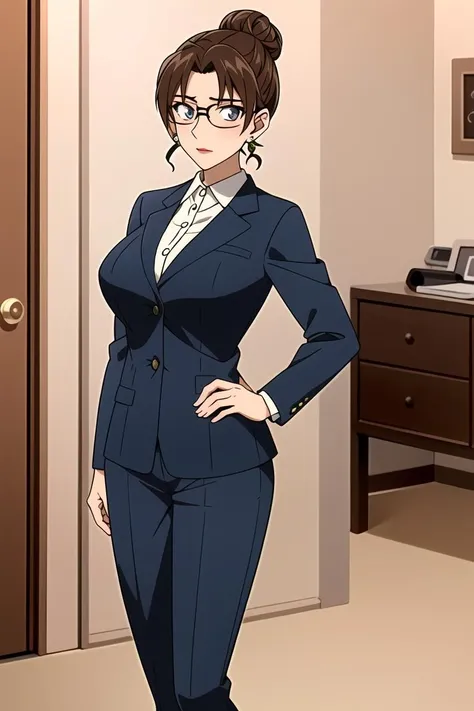 ((masterpiece)),((best quality)),ultra-detailed,illustratio,1girl, glasses, solo, brown hair, black eyes, earrings, jewelry, hair bun, single hair bun, jacket, paper, looking at viewer, shirt, formal, holding, short hair, blue jacket, black-framed eyewear, suit, bangs, closed mouth, upper body, lipstick, white shirt, indoors, lips, makeup, collared shirt, parted bangs, grey eyes,official style,wallpaper,,ultra highres,4K,photography,(Beautiful, large breasts:1.2),(beautiful face:1.2),(narrow waist),(full body),shiny skin,official style, anime anime coloring, screencap,<lora:Kisaki Eri_:0.7>