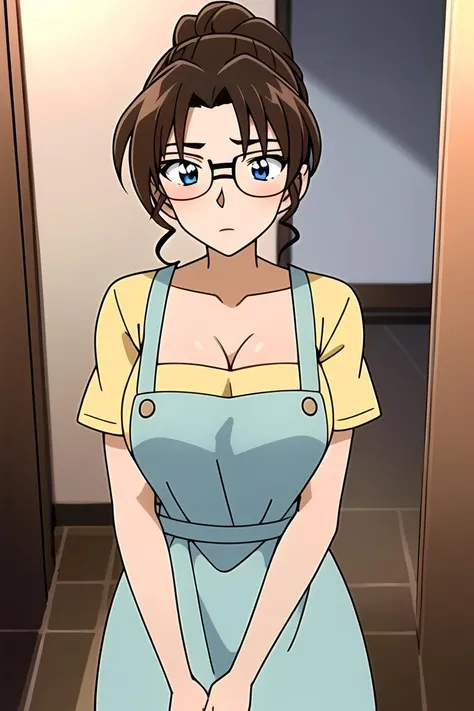 ((masterpiece)),((best quality)),ultra-detailed,illustratio,1girl,glasses,brown hair,solo,letterboxed,ponytail,door,grey eyes,short hair,collarbone,apron,shirt,indoors,blue eyes,expressionless,official style,wallpaper,,ultra highres,4K,photography,(Beautiful, large breasts:1.2),(beautiful face:1.2),(narrow waist),(full body),shiny skin,official style,anime screencap,anime coloring,<lora:Kisaki Eri_:0.7>,indoor,Living room,kitchen,Dining table,food,