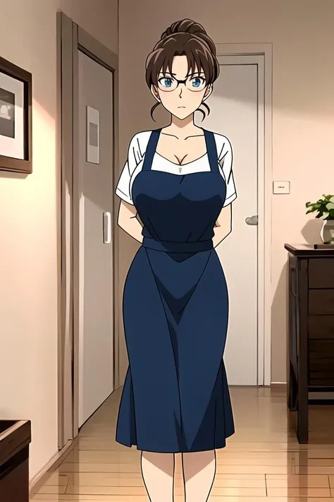 ((masterpiece)),((best quality)),ultra-detailed,illustratio,1girl,glasses,brown hair,solo,letterboxed,ponytail,door,grey eyes,short hair,collarbone,apron,shirt,indoors,blue eyes,expressionless,official style,wallpaper,,ultra highres,4K,photography,(Beautiful, large breasts:1.2),(beautiful face:1.2),(narrow waist),(full body),shiny skin,official style,anime screencap,anime coloring,<lora:Kisaki Eri_:0.7>,indoor,Living room,kitchen,Dining table,food,
