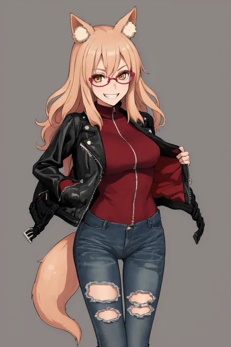 masterpiece, best quality, 1girl, solo, standing, <lora:suzukagozen-fate-richy-v1:1> suzukajacket, fox ears, glasses, leather jacket, turtleneck, red shirt, ripped jeans, fox tail, grin, smile, zipper