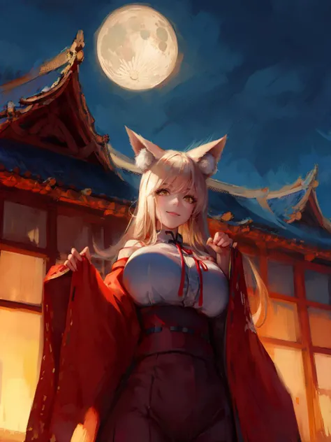 <lora:suzukagozen-fate-richy-v1_character:1>, suzukaasc2, fox ears, hat, japanese clothes, wide sleeves, fox tail , huge breasts, <lora:wlpstyl-000009_style:1> wlpstyl, east asian architecture, moon, night, smile, smug, looking at viewer,, <lyco:GoodHands-beta2:1.0>