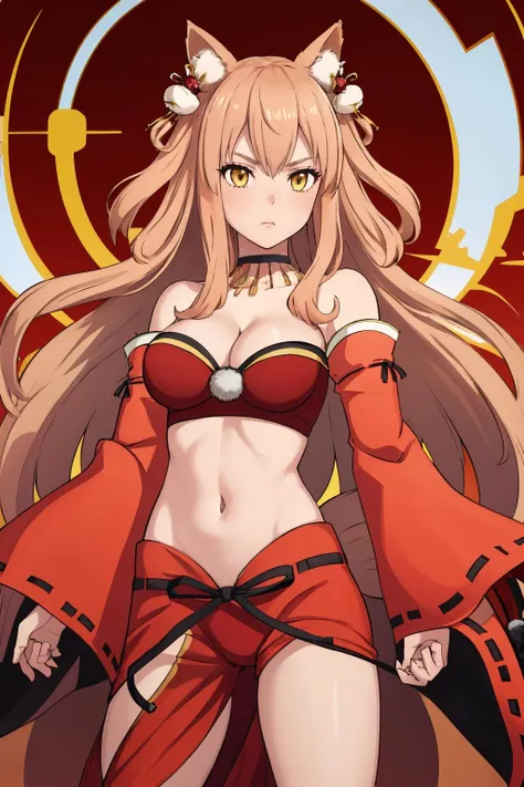 masterpiece, best quality, 1girl, solo, standing, <lora:suzukagozen-fate-richy-v1:1> suzukaasc3, fox ears, hair ornament, detached sleeves, cleavage, navel, midriff, shawl, fox tail