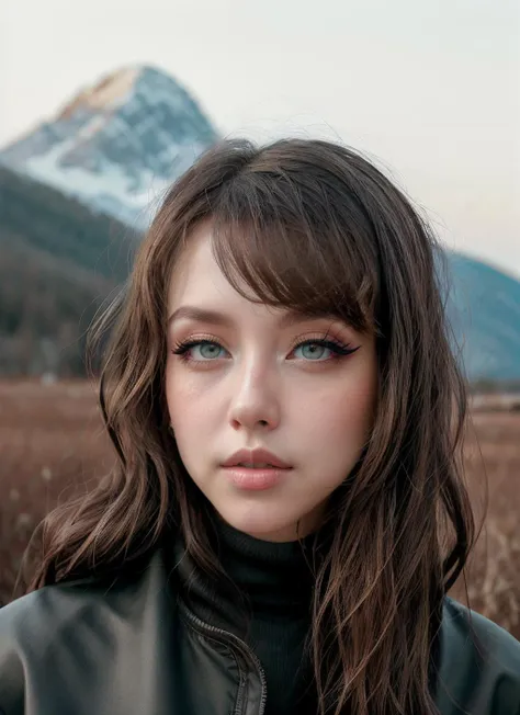 RAW Photo, professional color graded, BREAK portrait photograph of girl Ed3nIvy, (greenish blue eyes), (makeup, eyeliner), wearing Ribbed turtleneck, at mountain, sharp focus, HDR, 8K resolution, intricate detail, sophisticated detail, photorealistic, looking at viewer, <lora:detailed_eye:0.8>, <lora:Ed3nIvy:0.69>, <lora:quickfix:1>