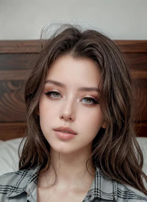 RAW Photo, professional color graded, BREAK portrait photograph of girl Ed3nIvy, (makeup, eyeliner), wearing Flannel shirt, at bed, sharp focus, HDR, 8K resolution, intricate detail, sophisticated detail, photorealistic, looking at viewer, <lora:detailed_eye:0.8>, <lora:Ed3nIvy:0.69>, <lora:quickfix:1>