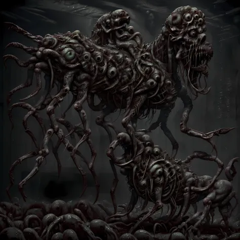 A horse made out of piles of organic tissue,disgusting ligament muscle tissue tendon sinew,wet,dripping,internal,organic,venereal horror peeling intense dark horror biological,terrifying living hell brutal overwhelming dread suffering emotional,bodhor,<lora:bodhor:0.8>,<lora:ManyEyedHorrorAI:0.8>, ManyEyedHorrorAI,