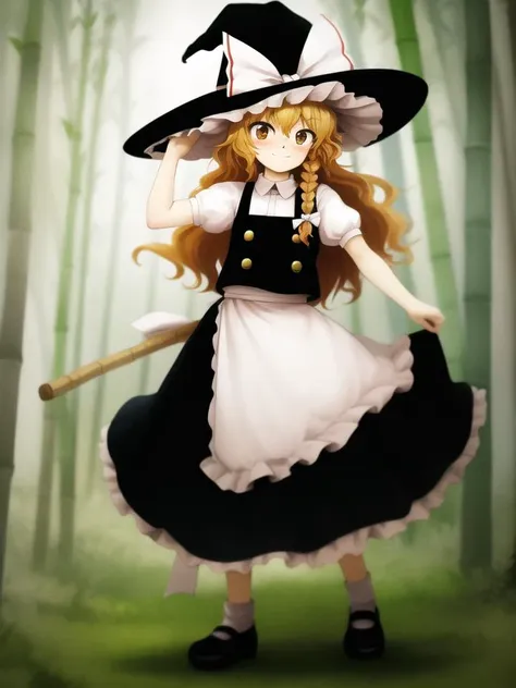 masterpiece, best quality, <lora:zun-v2a-10:0.925>,
cowboy shot, full body, standing, dynamic pose, light smile,
(solo), (1girl), kirisame marisa, blonde hair, long hair,single braid, (freckles:1.2), yellow eyes, medium breasts,
black witch hat, black skirt, long skirt, black vest, white shirt, short sleeves, black shoes, white socks, bamboo broom, red hair bow,
forest, bamboo forest