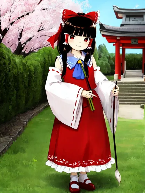 masterpiece, best quality,, <lyco:ZUN_LyCORIS_v12-20:1>
cowboy shot, full body, standing, dynamic pose, light smile,
(solo), (1girl), hakurei reimu, (brown hair:1.1), long hair, (blunt bangs:1.2), hime cut, sidelocks, red eyes, medium breasts,
red dress, red hair tubes, nontraditional miko, detached sleeves, white sleeves, red shoes, red mary janes, gohei,
japanese shrine, cherry blossoms