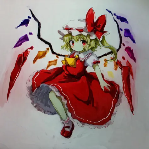 <lyco:zun-v2a-10:1> <lora:flandre:1> (traditional media), best quality, zun \(style\),  1girl, solo, looking at viewer, blonde hair, mob cap, hair bow, bowtie, side ponytail, wings, short sleeves, vest, ascot