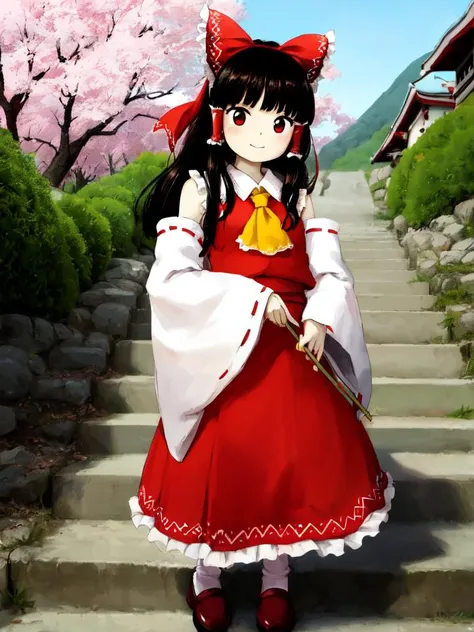 masterpiece, best quality, <lyco:zun-v2a-10:0.925>,
cowboy shot, full body, standing, dynamic pose, light smile,
(solo), (1girl), hakurei reimu, (brown hair:1.1), long hair, (blunt bangs:1.2), hime cut, sidelocks, red eyes, medium breasts,
red dress, red hair tubes, nontraditional miko, detached sleeves, white sleeves, red shoes, red mary janes, gohei,
japanese shrine, cherry blossoms