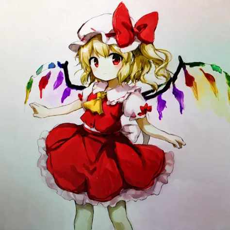 <lyco:zun-v2a-10:1> <lora:flandre:0.9> (traditional media), best quality, zun \(style\),  1girl, solo, looking at viewer, blonde hair, mob cap, hair bow, bowtie, side ponytail, wings, short sleeves, vest, ascot