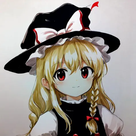 <lyco:zun-v2a-10:1> (traditional media), face portrait, close-up, best quality, zun \(style\), 1girl, solo, looking at viewer, kirisame marisa, touhou, black clothes, braided ponytail,