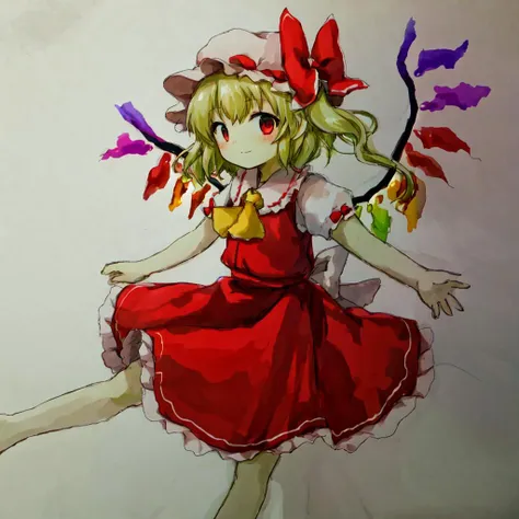 <lyco:zun-v2a-10:1> <lora:flandre:0.9> (traditional media), best quality, zun \(style\),  1girl, solo, looking at viewer, blonde hair, mob cap, hair bow, bowtie, side ponytail, wings, short sleeves, vest, ascot