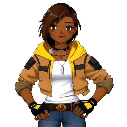 1girl, <lora:ZUN_Lycoris-v13:1>, simple background, white background, <lora:lyxvnc:0.8>, akyxvance, alyx vance \(half-life\), light brown eyes, brown hair, dark skin, tan skin, belt, denim, gloves, fingerless gloves, hood, hoodie, jacket, jeans, necklace, smiling