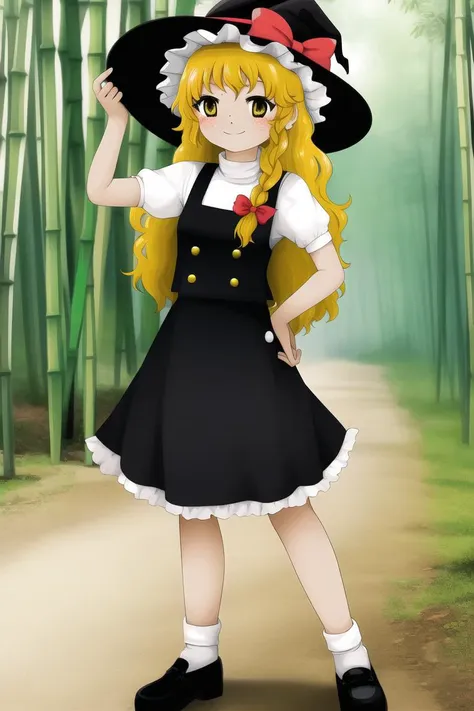 masterpiece, best quality, <lora:ZUN_Lycoris-v13-15:0.925>, flat color, flat shading,
full body, standing, dynamic pose, light smile,
(solo), (1girl), kirisame marisa, blonde hair, long hair, single braid, (freckles:1.2), yellow eyes, medium breasts,
black witch hat, black skirt, medium skirt, black vest, white shirt, short sleeves, black shoes, white socks, red bow, hair bow,
(forest, bamboo forest:1.1)