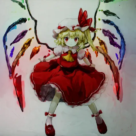 <lyco:zun-v2a-10:1> <lora:flandre:1> (traditional media), best quality, zun \(style\), 1girl, solo, looking at viewer, flandre scarlet, touhou, blonde hair, mob cap, hair bow, bowtie, side ponytail, wings, short sleeves, vest, ascot