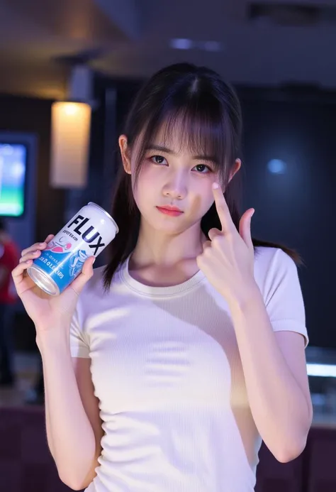 An 18-year-old Asian girl wearing a white tight fitting short sleeved T-shirt, holding a can of beverage with the word "FLUX" printed on it in her right hand, with her thumb raised in her left hand, and a CLUB in a low light environment in the background <lora:snzx_xy_flux_lora_v1:1>