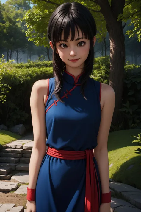 chichi, 1girl, solo, black eyes, black hair, blunt bangs,
china dress, blue dress, sleeveless, red sash, wristband, bare shoulders,
smile,closed mouth,cowboy shot,
forest,outdoor,
(insanely detailed, beautiful detailed face, masterpiece, best quality) cinematic lighting,<lora:DB_ChiChi_v1:1>, <lora:more_details:0.3>,